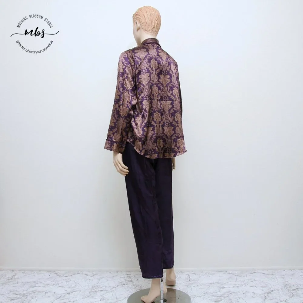 Design Studio Floral Brocade Pajama & Robe Set Tassel Tie Purple Golden Women S - Picture 5 of 16
